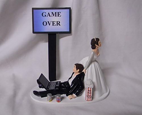Wedding Computer Laptop Soda Cans Computer both dark hair Geek Cake Topper