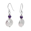 Earrings With 1.00ctw Precious Stones - Genuine Amethysts and Mother of pearls Made of 925 Sterling silver Length 29.5mm