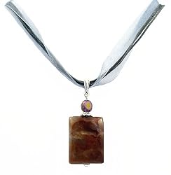 Necklace - N35 - Genuine Semi Precious Gemstone on Five-Strand Organza and Cotton Cord + 2" Extension Chain - Rectangular Shape ~ Imperial Purple Agate
