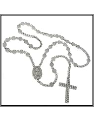 Sterling Silver CZ Rosary Chain Necklace With Cross
