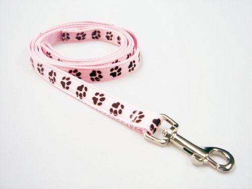 XSmall Pink/Chocolate Puppy Paws Dog Leash – Nylon Webbing: 1/2″ wide, 4ft length.