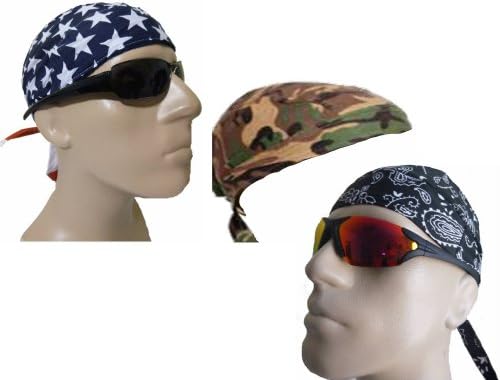 3 Assorted Skull Caps Bandanna w/SWEATBANDS Camo, American Flag, Black Paisley
