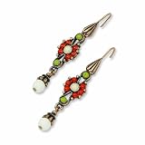 Copper-Tone Green, Orange & Ivory Enamel Fancy Dangle Earrings