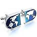 INBLUE Men's Rhodium Plated Cufflinks Silver Tone Blue World Map Shirt Wedding