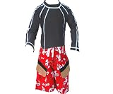 MaxOut UPF 50+, UV Protective Boy's 2 pc Set: Long Sleeved Rashguard (Swim Shirt) and Board Shorts