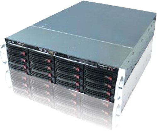 CybertronPC Magnum Series AV3043 Rackmount NAS Server, Dual AMD Opteron 2218 2.60GHz Dual Core Processors, 4GB DDR2 PC-4200 (533MHz) ECC Registered memory, Sixteen (16) 1TB SATA 2 hard drives in a RAID 5 array, Slim CD-RW/DVD drive, 800w Redundant Power Supply, 1 Year parts labor warranty.