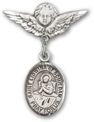 Sterling Silver Baby Badge with St. Lidwina of Schiedam Charm and Angel with Wings Badge Pin