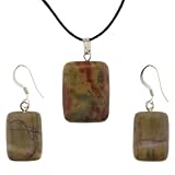Rainbow Zebra Jasper Rectangle Shaped Pendant and Earrings Set - 17x22mm Pendant, 13x18mm Earrings - Adjustable Cord Necklace