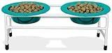 Platinum Pets White Modern Double Diner Cat/Puppy Stand with Two 1 Cup Rimmed Bowls, Teal