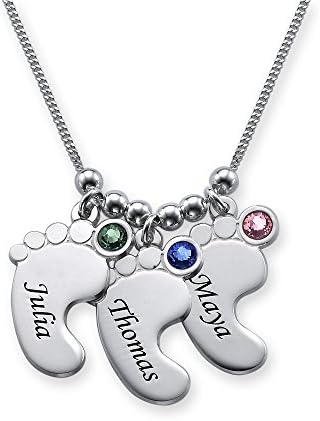 Baby Feet Necklace in Sterling Silver with Birthstones &amp; Engraved - Mom Jewelry