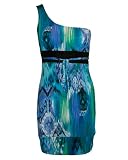 Ladies One Shoulder Knit Dress Green Blue Purple Bushed Look Print