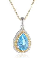 Sterling Silver with Yellow Gold Plated Swiss Blue Topaz and Diamond-Accented Pendant Necklace, 18"