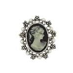 Silvertone and Faux Pearl Cameo Brooch Pin