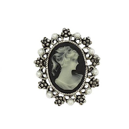 Silvertone and Faux Pearl Cameo Brooch Pin