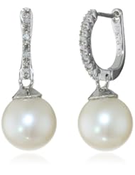 Sterling Silver 9.0-9.5mm Freshwater Cultured Pearl and Diamond Earrings (0.04 cttw, G-H Color, I2-I3 Clarity)
