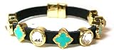 Just Give Me Jewels Faux Black Leather Goldtone Rhinestone and Turquoise Enamel Bead Magnetic Bracelet