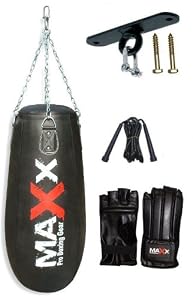 Maxx Tear Drop Shaped Maize Boxing Punchbag With Ceiling Hook Chains & Gloves, Mma