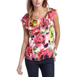 Buy AGB Ladies Soft Chiffon Ruffle Neckline Top, In Color Rich Print by AGB