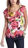 AGB Women's Soft Chiffon Ruffle Neckline Top, In Color Rich Print