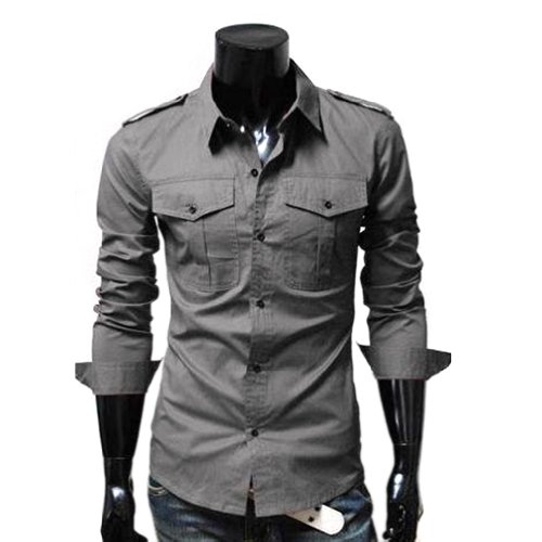 Hee Grand Mens Slim Fit Strap Big Pocket Shirts Gray S