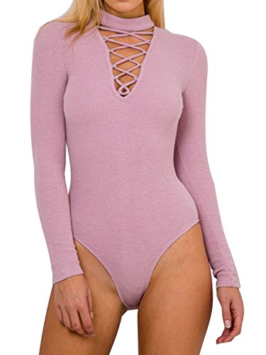 Choies Women Violet High Neck Bandage Criss Lace Up Leotard Knitted Thong Bodysuit