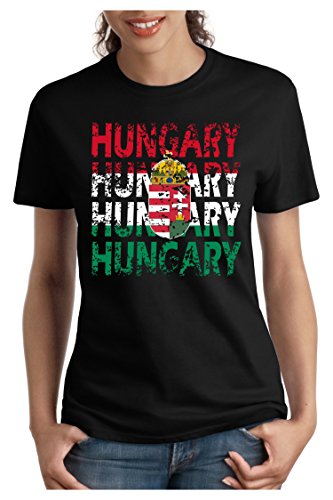 OM3 – HUNGARY – Damen T-Shirt tailliert – UNGARN EM 2016 FRANKREICH FRANCE FUSSBALL FANSHIRT SOCCER SPORT TRIKOT EUROPAMEISTER, M, schwarz