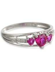 Silver Three Heart Shape Created Ruby with 0.018 Diamonds cttw Ring, Size 7