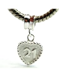 .925 Sterling Silver " Happy 21st Birthday on Heart " Dangle Charm Bead Compatible with Pandora Chamilia Kay Troll Bracelet