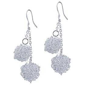 Double Ball String Earrings Chandelier Dangle Silver