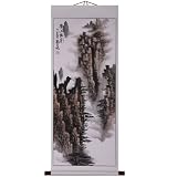 Hand-Painted 48" Oriental Wall Art Scroll - Yellow Mountains Landscape With Cream Border