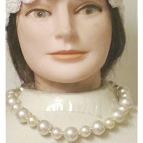 Simulated Ivory Large Pearl Short Chain on Gold Plated Necklace Earrings