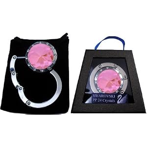 1 Silver & Pink with Swarovski Crystal FOLDING Chatt Purse Hook & Black Velvet Pouch and Gift Box