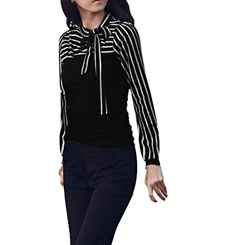Allegra K Lady Bow Neck Blouse Stripe Long Sleeve Shirts Casual Fall Tops
