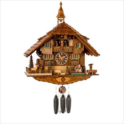 River City Clocks MD828-23 Eight Day Musical Chalet Cuckoo Clock with Dancers, Man Slides Down Bench To Kiss Woman, 23-Inch Tall