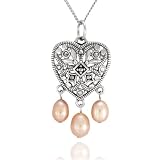 Sterling Silver Marcasite Heart and Pink Pearl Pendant, 18