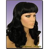 Hollywood_hair4u - Long Curly #1B Jet Black Pinup Style Wig with Bangs Kanekalon Heat Resistant Synthetic Fiber Skin Top *NEW*