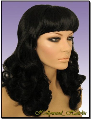 Hollywood_hair4u - Long Curly #1B Jet Black Pinup Style Wig with Bangs Kanekalon Heat Resistant Synthetic Fiber Skin Top *NEW*