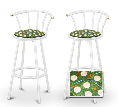 2 Golf Themed Fabric Specialty / Custom White Barstools with Backrest Set