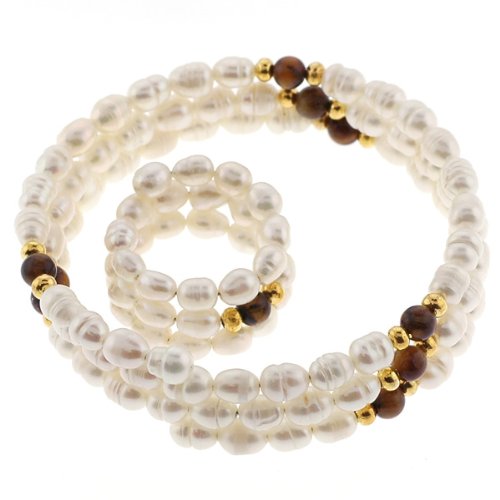 Freshwaster Pearl Bracelet - Tigereye - Flexible, 4-7mm Pearl - Comes with a matching Pearl adjustable Ring