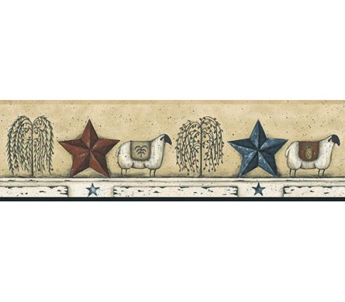 Sheep and Barn Star Wallpaper Border Primitive Welcome Willow Tree Berries Country Decor