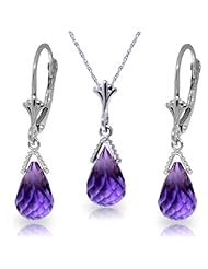 14k Solid Gold Jewelry Set: Natural Briolette Purple Amethyst Pendant Necklace and Dangle Earrings