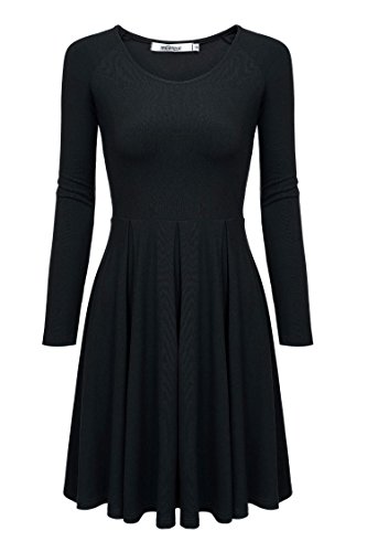 Meaneor Women Log Sleeve Casual Scoop Neck Fit and Flare Dress