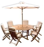 Fully Dressed 150cm Round Portland Fixed Leg Table with Integral Lazy Susan and 4 Westminster Folding Armchairs (includes 4 Natural Seat & Back Cushions and a 250cm Silverwood Natural Parasol)