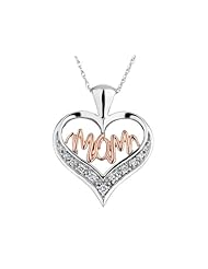 Heart Shaped MOM Pendant Necklace with Diamonds 1/10 Carat (ctw) in 10K White and Pink Gold with Chain