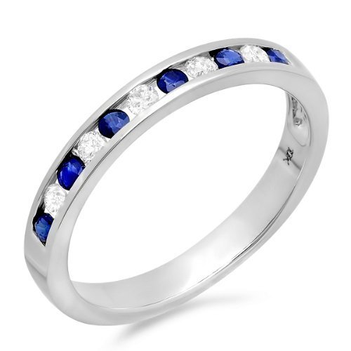 0.45 Carat (ctw) 10k White Gold Round White Diamond & Blue Sapphire Ladies Anniversary Wedding Stackable Ring Band 1/2 CT (Size 5)