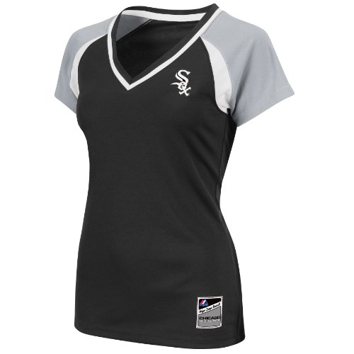 MLB Chicago White Sox Women's Short Sleeve Raglan Deep V-Neck Synthetic Tee (Black/Stone Gray/White, Small)