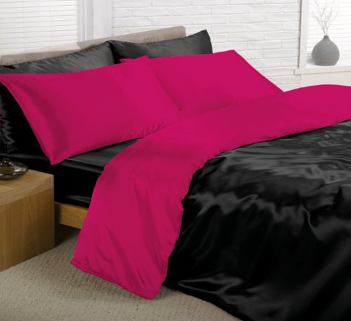 Viceroybedding 6pc Satin Duvet Cover Bed Set, Double, Reversible Black/ Cerise