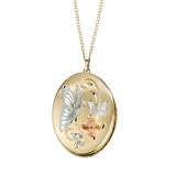 14k Yellow Gold Filled Oval Locket With Butterfly And Tricolor Flowers Pendant, 18