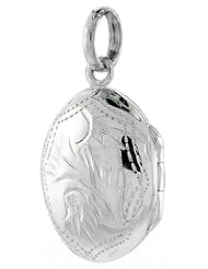 Small Sterling Silver Oval Locket Hand Engraved, 1/2 x 3/4 inch