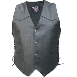 Mens Black Premium SOFT BUFFALO Leather LACED Motorcycle Vest w Snap Buttons fully lined Size 50